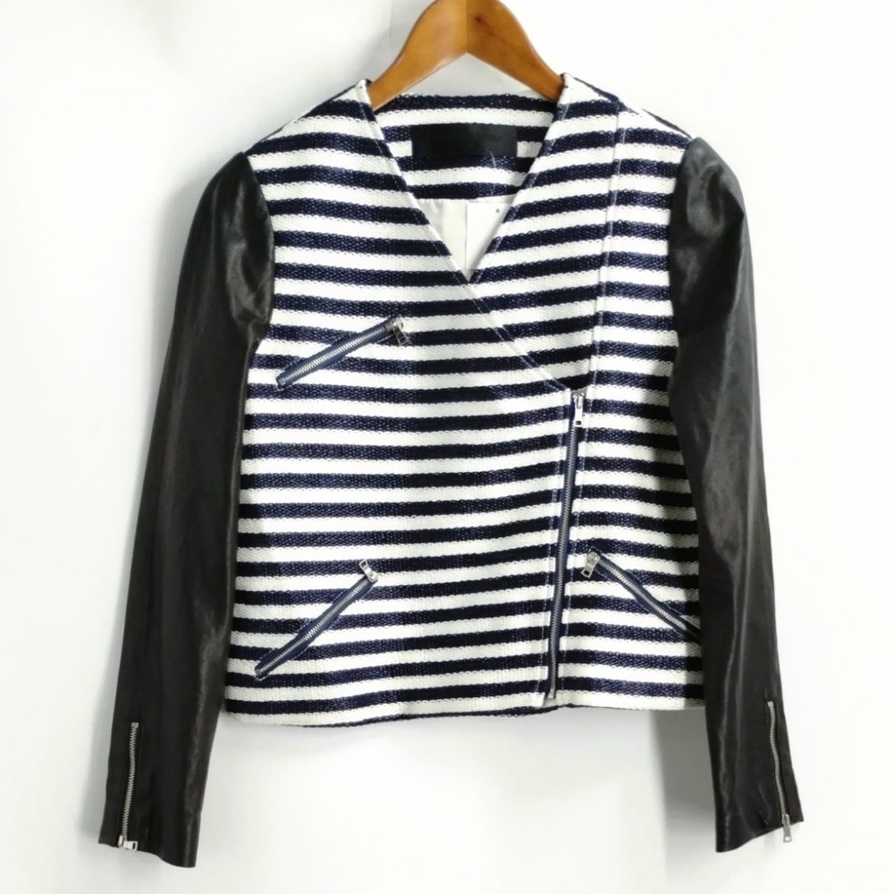 Jenni Kayne Beach Vibes Navy Striped Moto Jacket Leather‎ Trim
